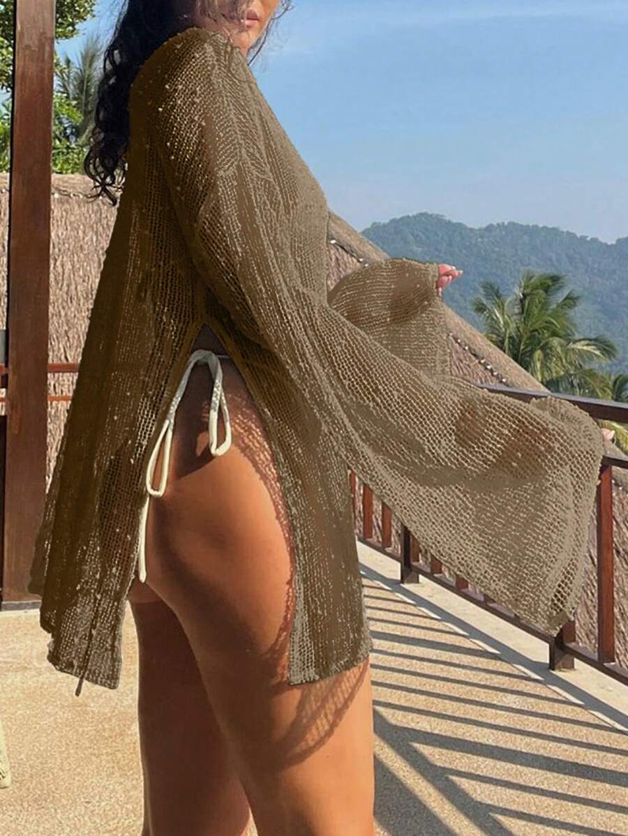 Transparan Zarif Uzun Kollu Beachwear Plaj Elbisesi