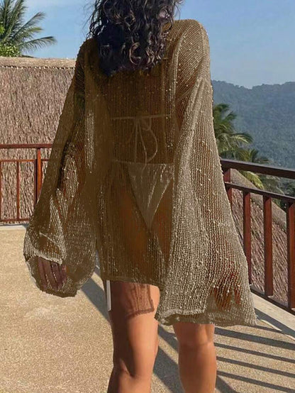 Transparan Zarif Uzun Kollu Beachwear Plaj Elbisesi