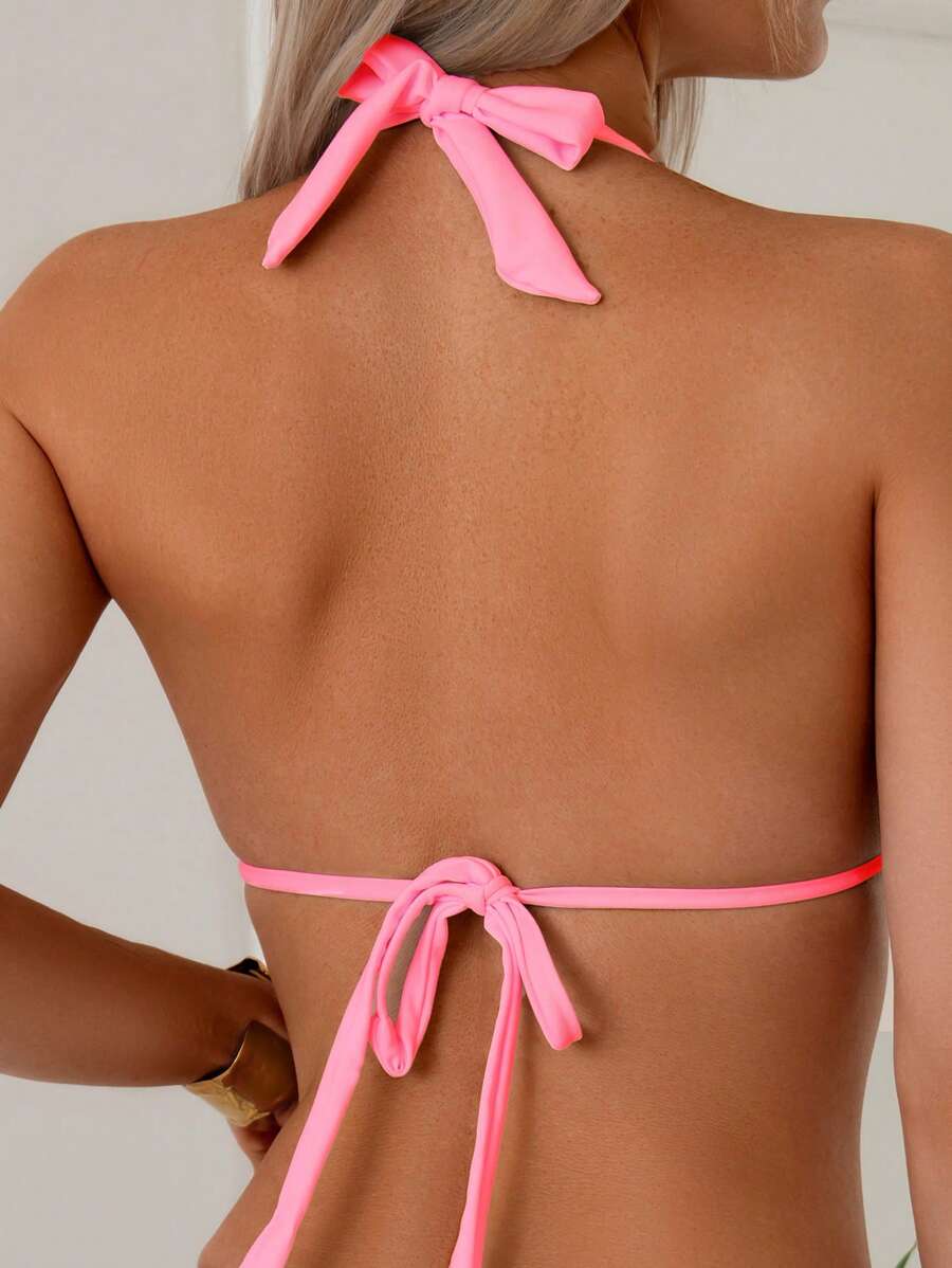Women Triangle Halter Bikini Set – Solid Tie Side Swimwear
