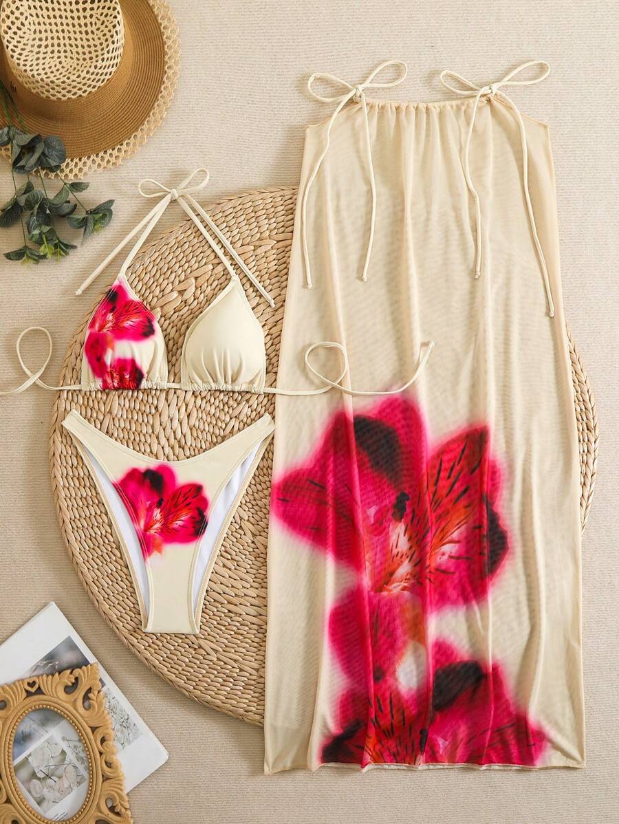 Çiçek Desenli Boho Tarzı Halter Bikini Seti