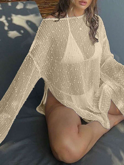 Transparan Zarif Uzun Kollu Beachwear Plaj Elbisesi