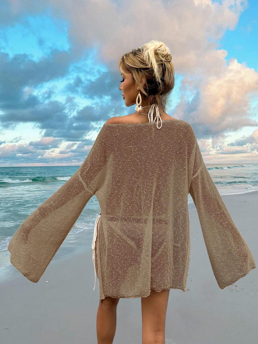 Transparan Zarif Uzun Kollu Beachwear Plaj Elbisesi