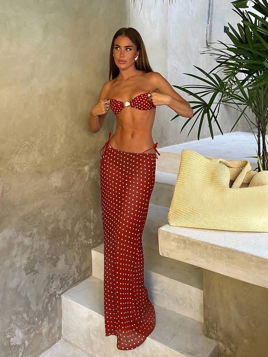 Polka Dot Sheer Maxi Pareo – Yırtmaçlı Plaj Cover-Up Etek