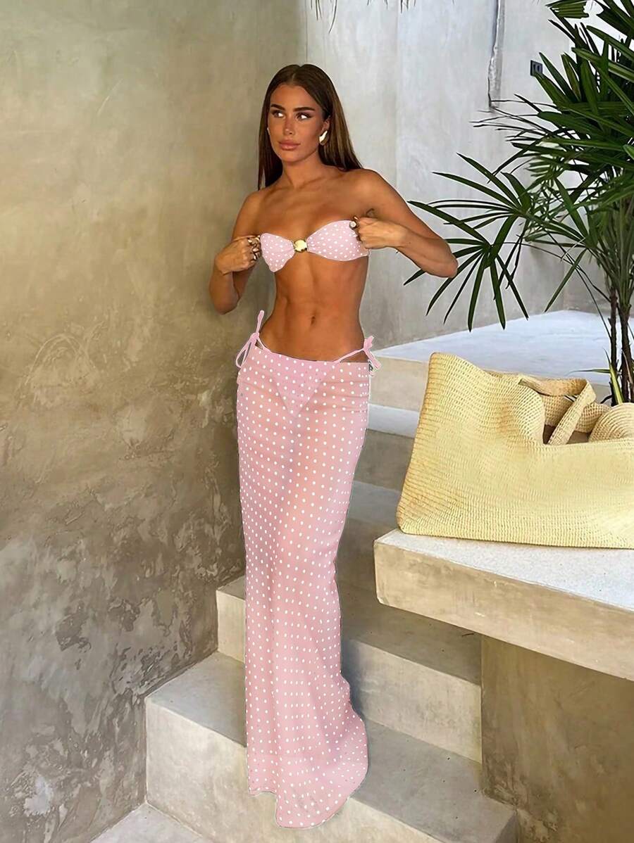 Polka Dot Sheer Maxi Pareo – Yırtmaçlı Plaj Cover-Up Etek