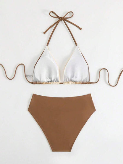 Swim Chiccia Kadın Yaz Yeni Çok Renkli Patchwork Halter Bağcıklı Bikini Takımı