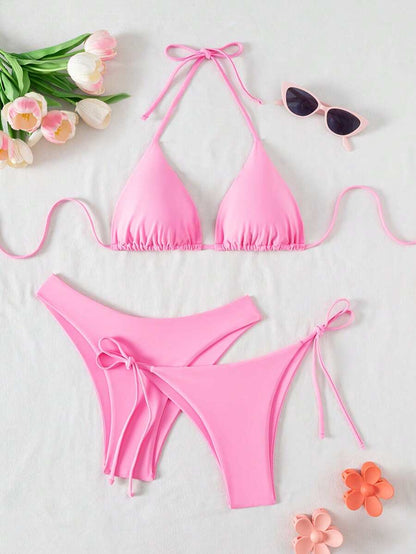 Plaj Düz Renk Halter Bağcıklı Üçgen Bikini Seti