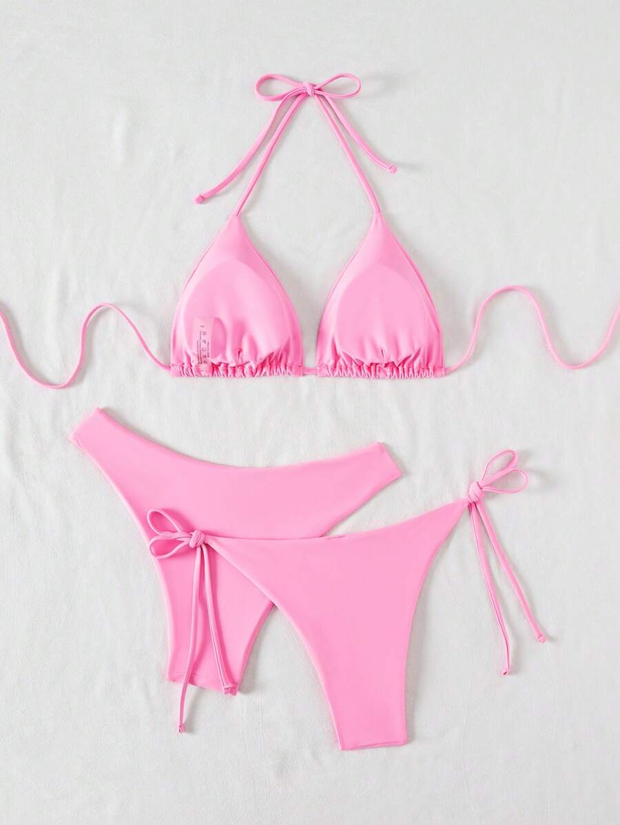 Plaj Düz Renk Halter Bağcıklı Üçgen Bikini Seti