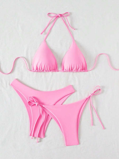 SHEIN Swim Kadın Yaz Plaj Düz Renk Halter Bağcıklı Seksi Bikini Mayo Takımı