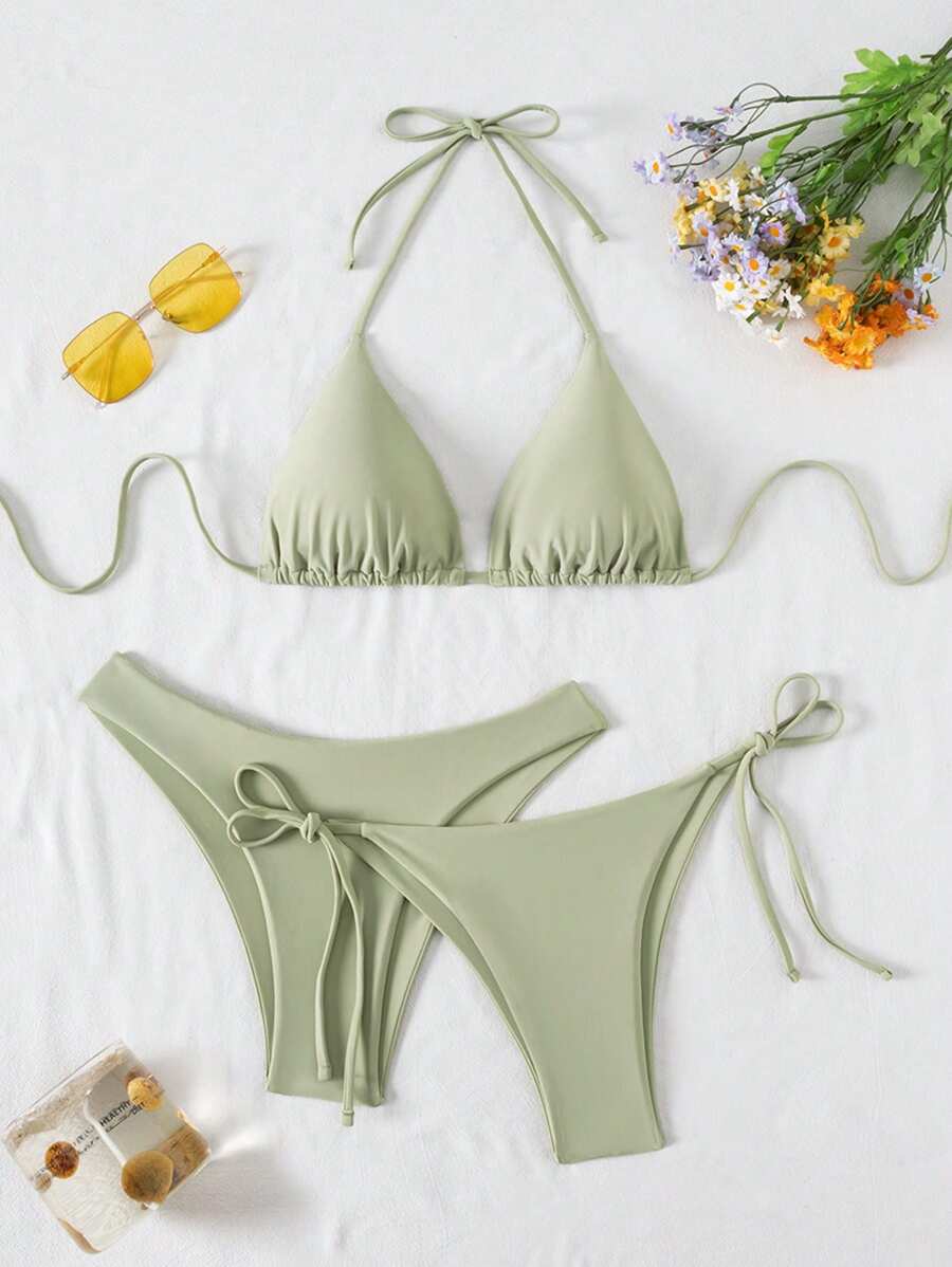 SHEIN Swim Kadın Yaz Plaj Düz Renk Halter Bağcıklı Seksi Bikini Mayo Takımı