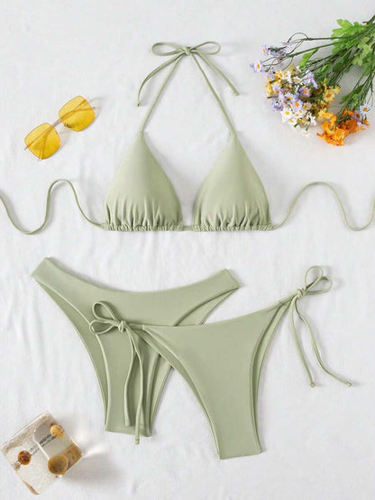 SHEIN Swim Kadın Yaz Plaj Düz Renk Halter Bağcıklı Seksi Bikini Mayo Takımı