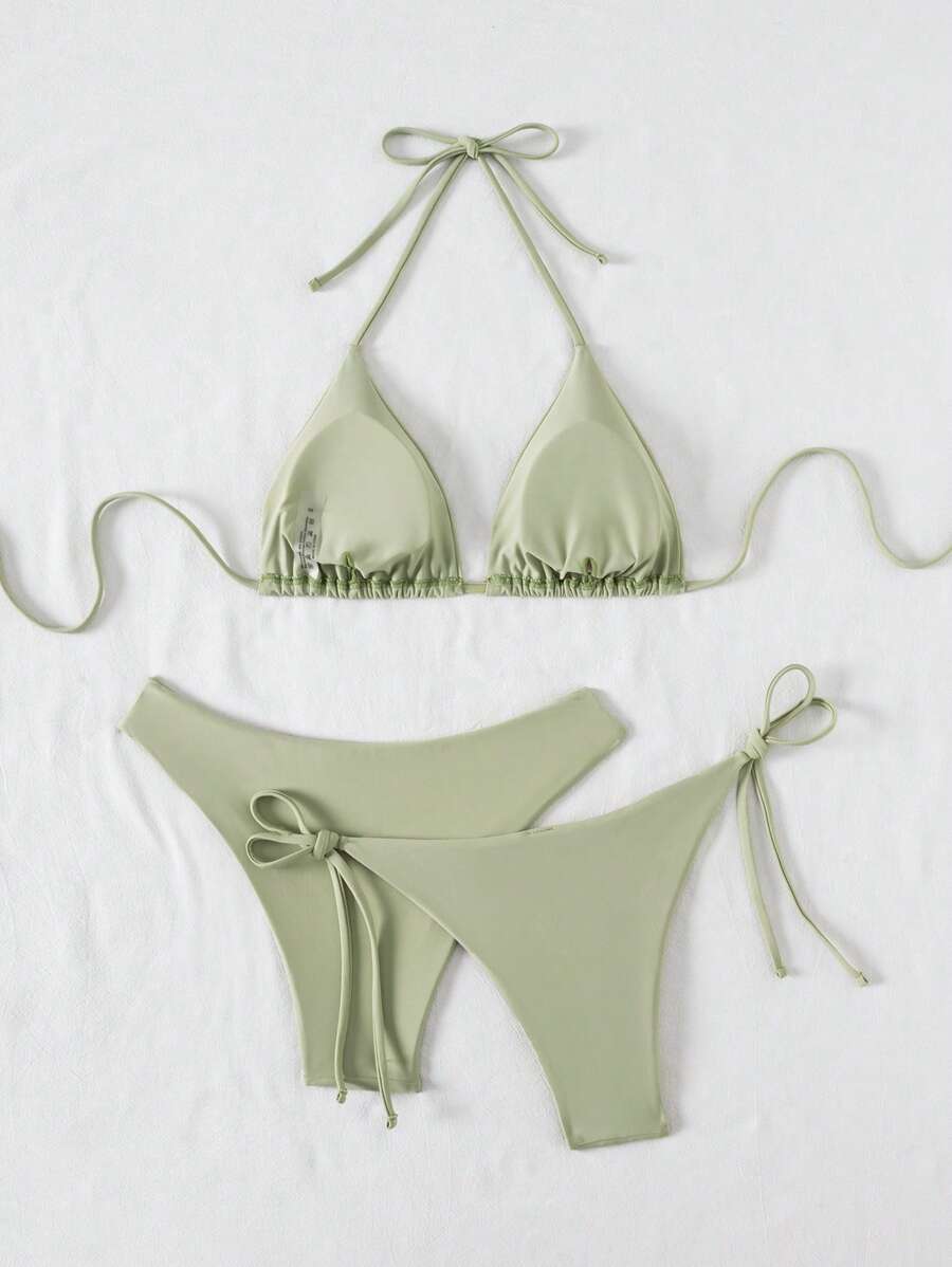 Plaj Düz Renk Halter Bağcıklı Üçgen Bikini Seti