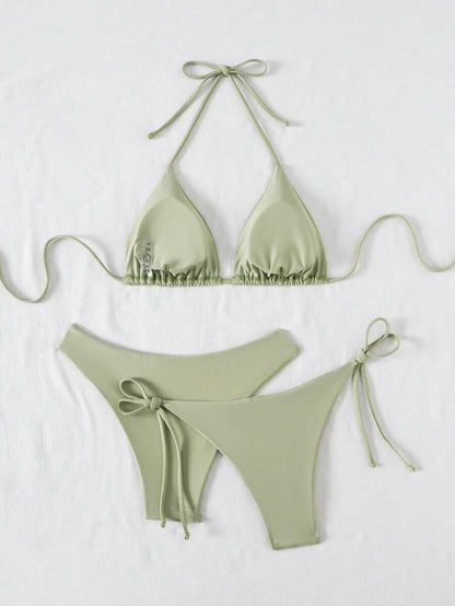 SHEIN Swim Kadın Yaz Plaj Düz Renk Halter Bağcıklı Seksi Bikini Mayo Takımı