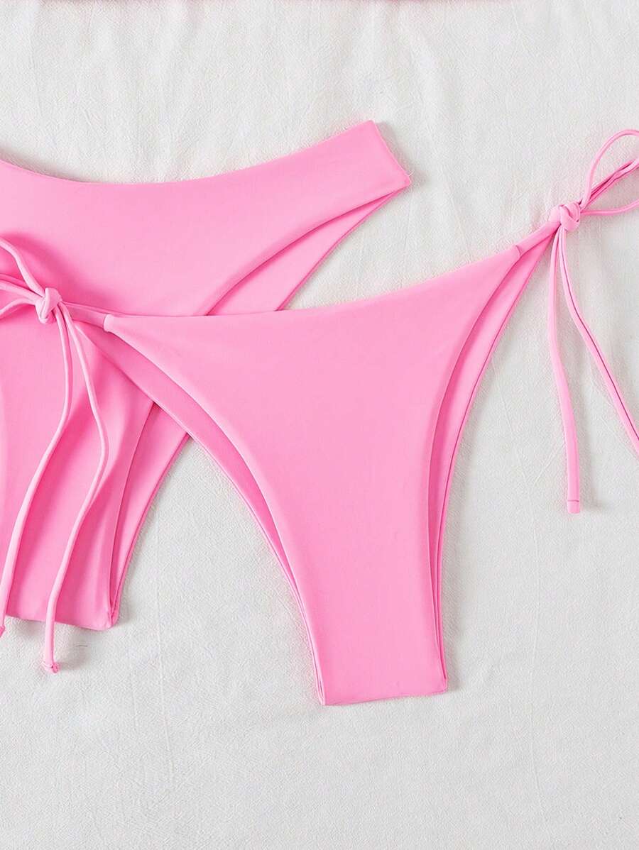 SHEIN Swim Kadın Yaz Plaj Düz Renk Halter Bağcıklı Seksi Bikini Mayo Takımı