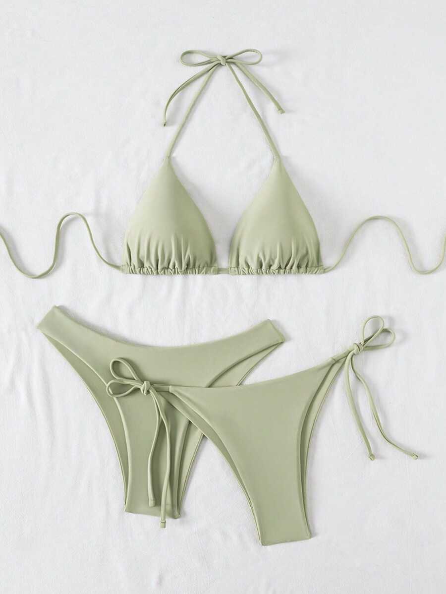 SHEIN Swim Kadın Yaz Plaj Düz Renk Halter Bağcıklı Seksi Bikini Mayo Takımı