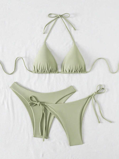 SHEIN Swim Kadın Yaz Plaj Düz Renk Halter Bağcıklı Seksi Bikini Mayo Takımı