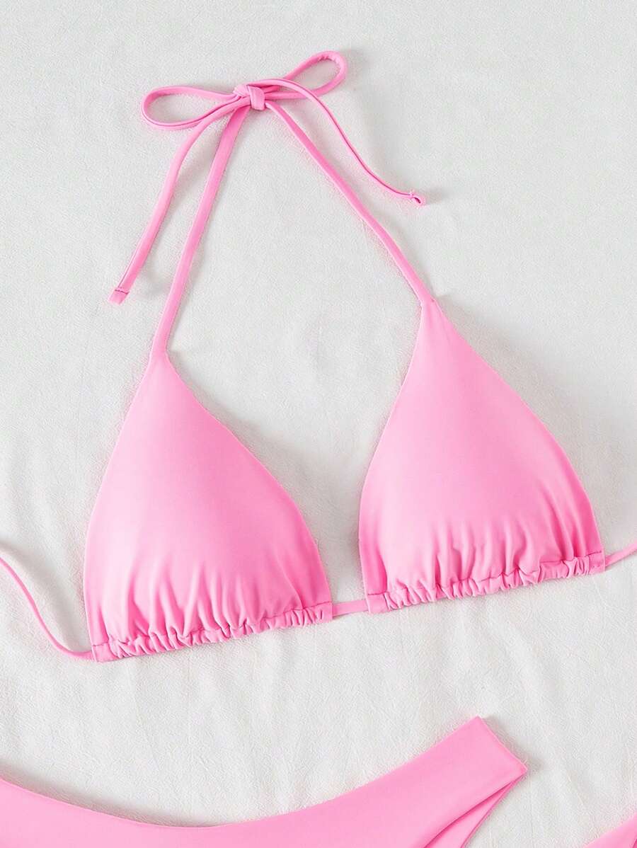 Plaj Düz Renk Halter Bağcıklı Üçgen Bikini Seti