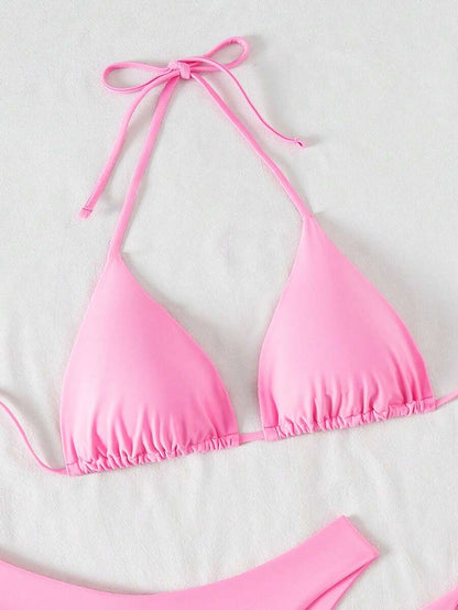 SHEIN Swim Kadın Yaz Plaj Düz Renk Halter Bağcıklı Seksi Bikini Mayo Takımı