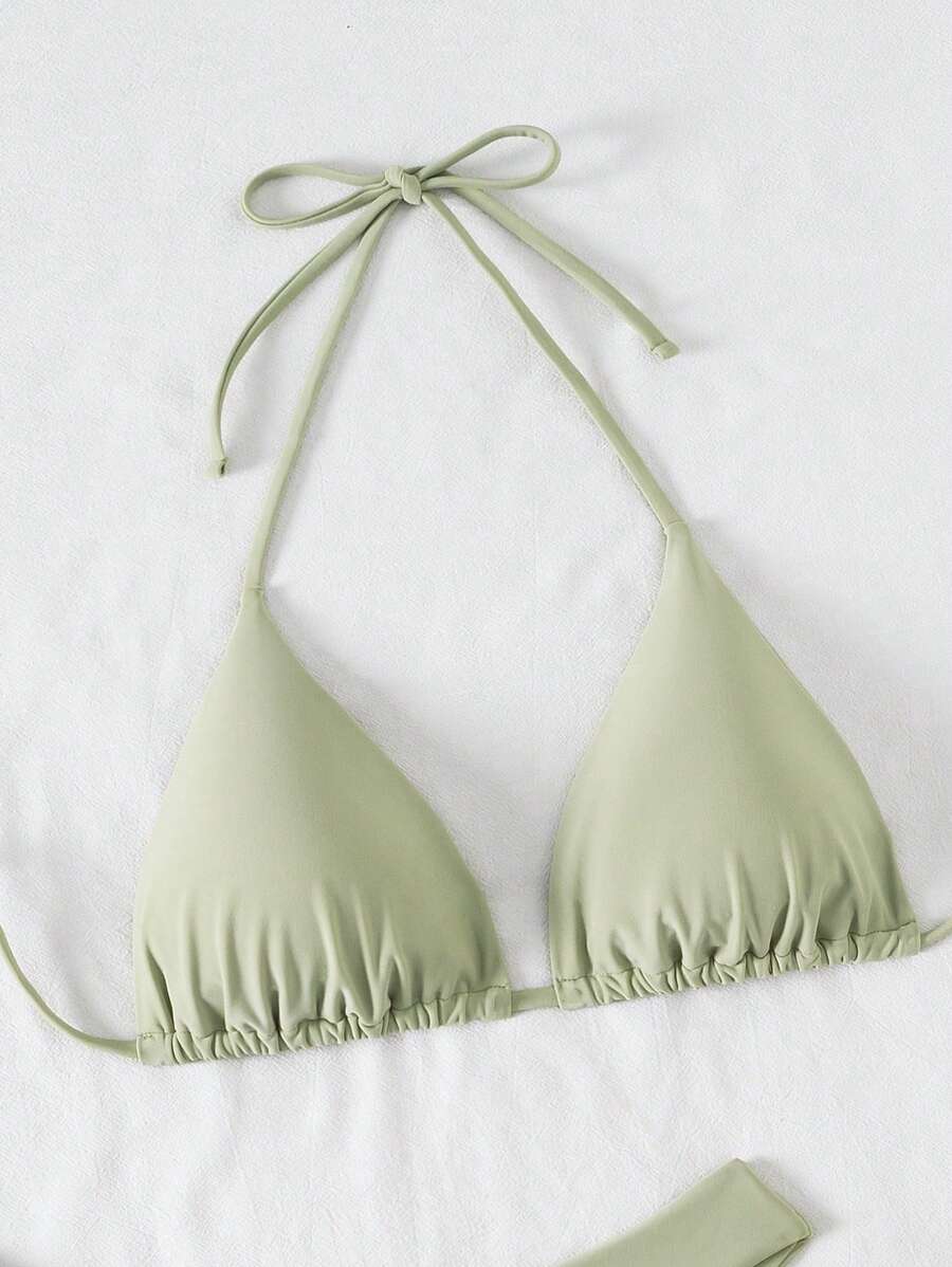 SHEIN Swim Kadın Yaz Plaj Düz Renk Halter Bağcıklı Seksi Bikini Mayo Takımı