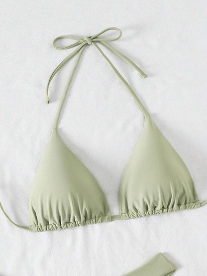 SHEIN Swim Kadın Yaz Plaj Düz Renk Halter Bağcıklı Seksi Bikini Mayo Takımı