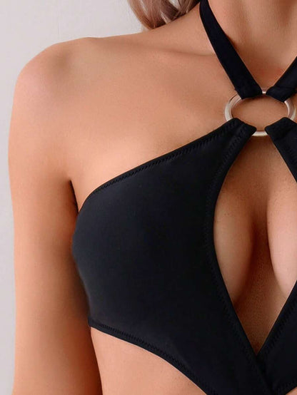 Siyah Asimetrik Dekolteli Mayo