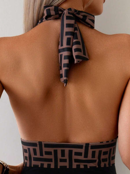 Swim Lushoire Geometrik Desenli Derin Yaka Tek Parça Mayo