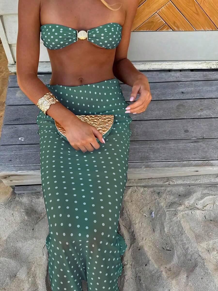 Polka Dot Sheer Maxi Pareo – Yırtmaçlı Plaj Cover-Up Etek