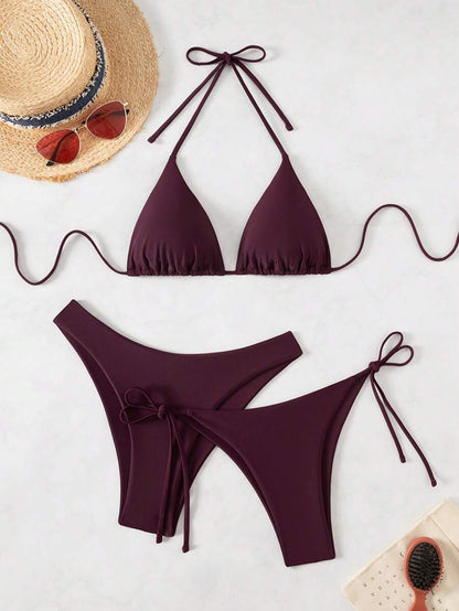 SHEIN Swim Kadın Yaz Plaj Düz Renk Halter Bağcıklı Seksi Bikini Mayo Takımı