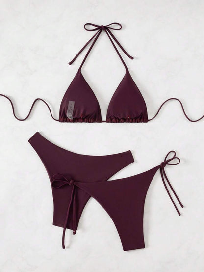 SHEIN Swim Kadın Yaz Plaj Düz Renk Halter Bağcıklı Seksi Bikini Mayo Takımı