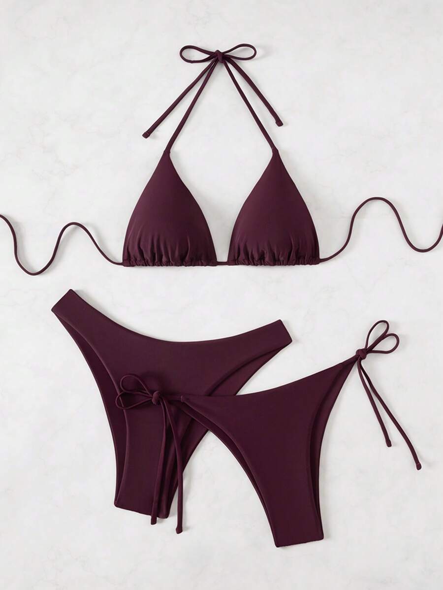 SHEIN Swim Kadın Yaz Plaj Düz Renk Halter Bağcıklı Seksi Bikini Mayo Takımı