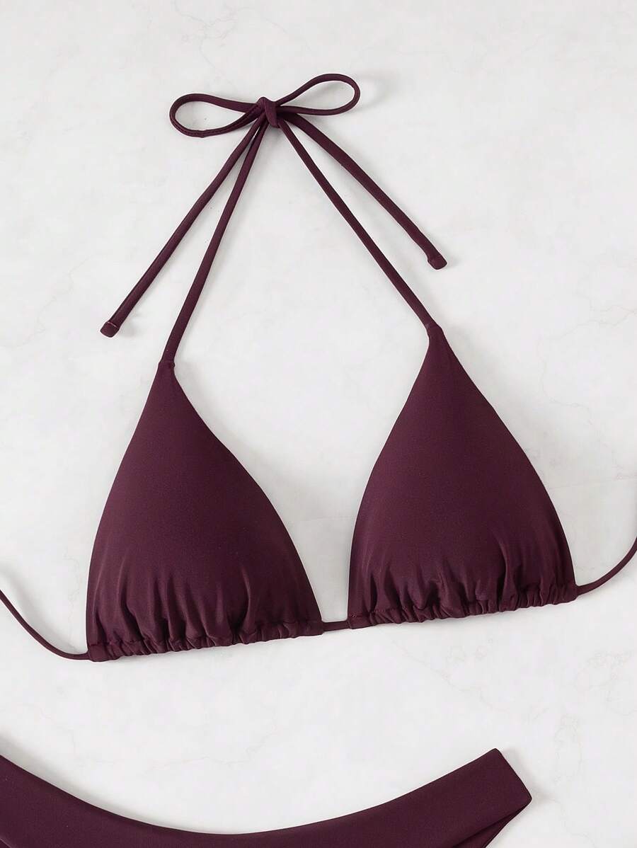 SHEIN Swim Kadın Yaz Plaj Düz Renk Halter Bağcıklı Seksi Bikini Mayo Takımı