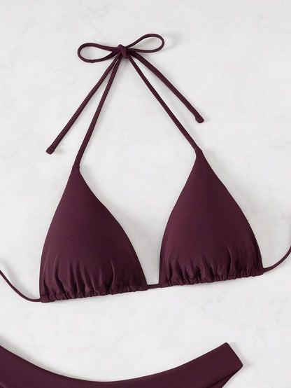 SHEIN Swim Kadın Yaz Plaj Düz Renk Halter Bağcıklı Seksi Bikini Mayo Takımı