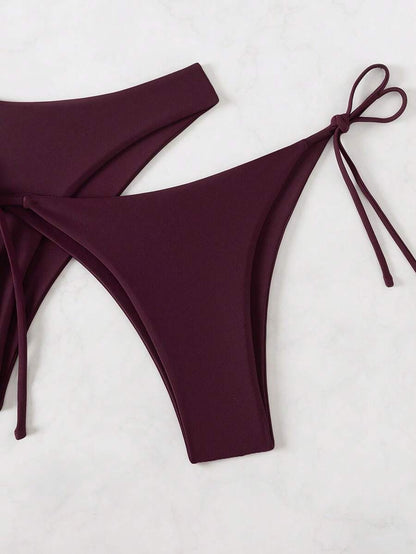 SHEIN Swim Kadın Yaz Plaj Düz Renk Halter Bağcıklı Seksi Bikini Mayo Takımı