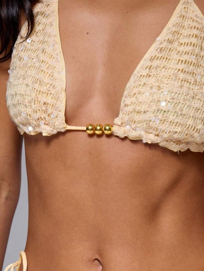 Musera Resort Halter Yaka  Boncuk Detaylı Payetli Örgü Üçgen Bikini