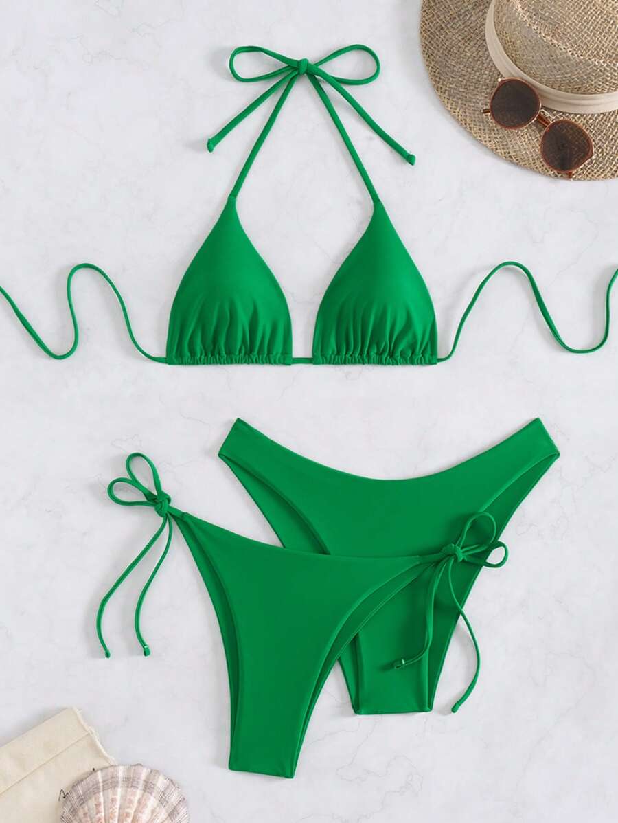 SHEIN Swim Kadın Yaz Plaj Düz Renk Halter Bağcıklı Seksi Bikini Mayo Takımı
