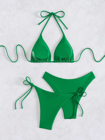 SHEIN Swim Kadın Yaz Plaj Düz Renk Halter Bağcıklı Seksi Bikini Mayo Takımı