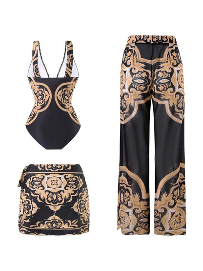 Swim Oasis Takım Etek ve File Pantolonlu Baskılı Mayo