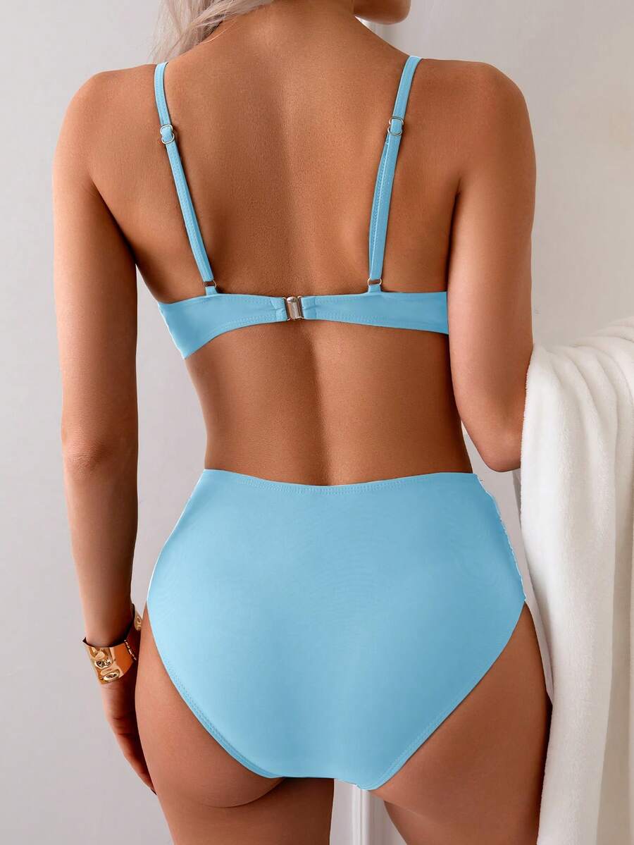 Düz Renk Seksi Zarif İnce Askılı Yüksek Bel Bikini