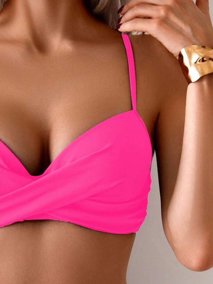 Düz Renk Seksi Zarif İnce Askılı Yüksek Bel Bikini