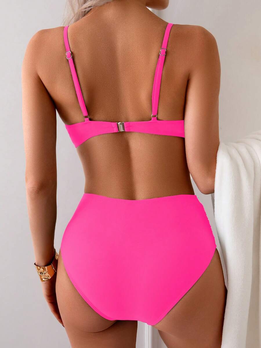 Düz Renk Seksi Zarif İnce Askılı Yüksek Bel Bikini