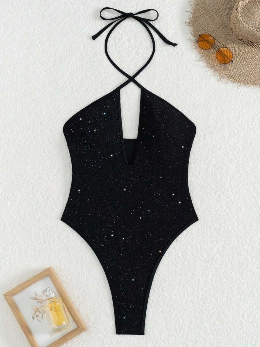 Seksi Parlak File Kesikli Çapraz Askılı Tek Parça Mayo