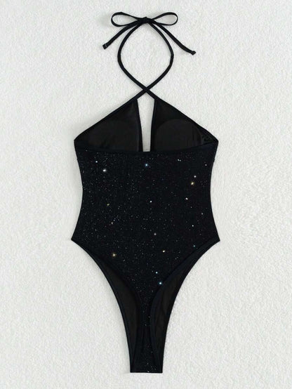 Seksi Parlak File Kesikli Çapraz Askılı Tek Parça Mayo