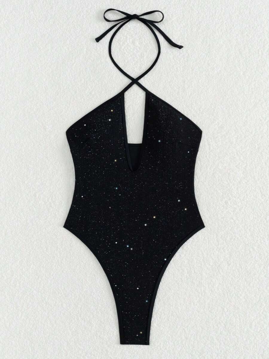 Seksi Parlak File Kesikli Çapraz Askılı Tek Parça Mayo