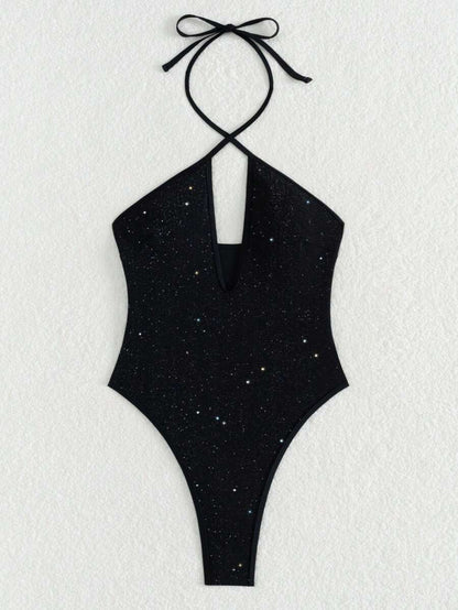 Seksi Parlak File Kesikli Çapraz Askılı Tek Parça Mayo