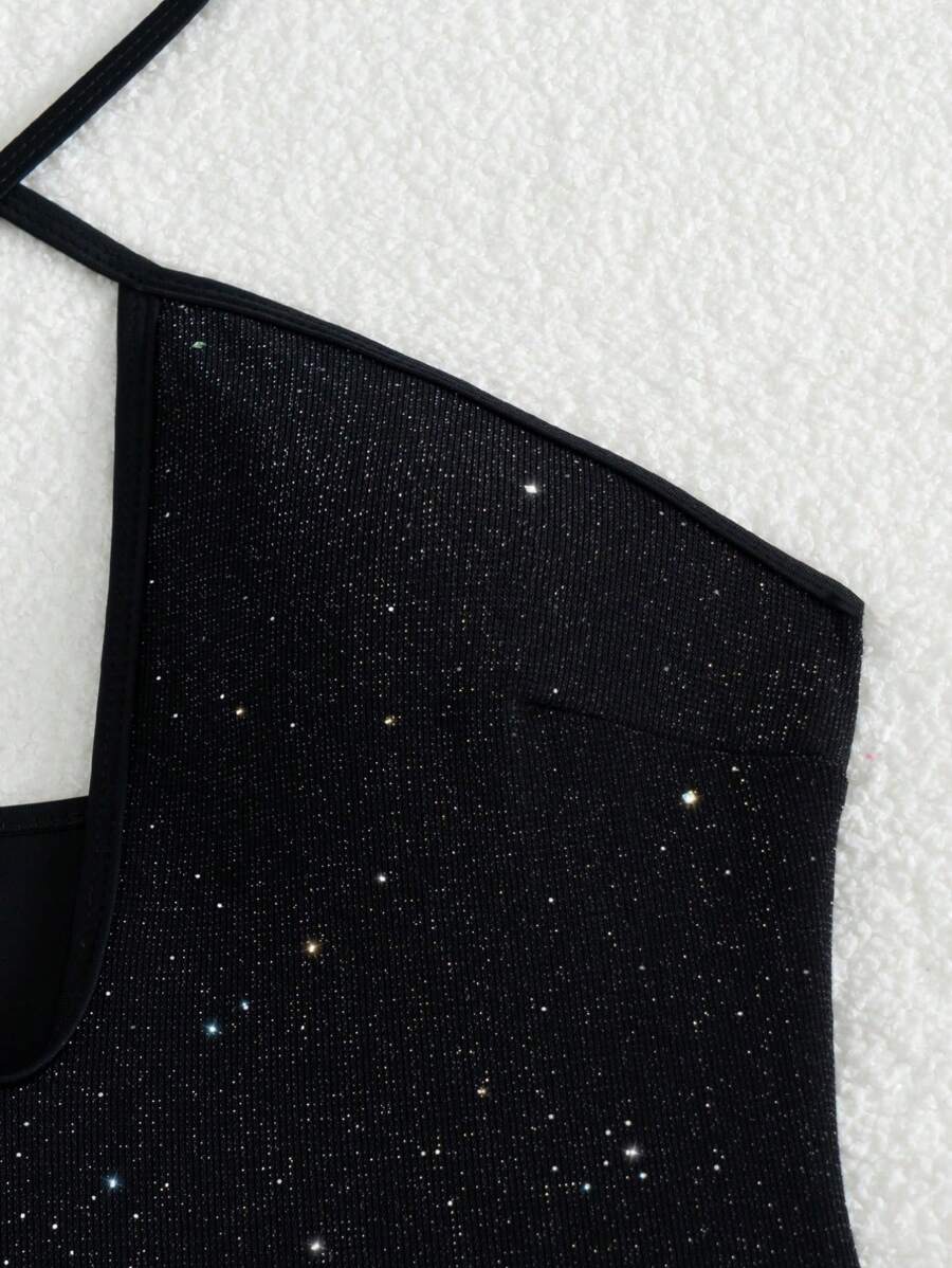 Seksi Parlak File Kesikli Çapraz Askılı Tek Parça Mayo