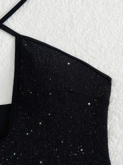 Seksi Parlak File Kesikli Çapraz Askılı Tek Parça Mayo