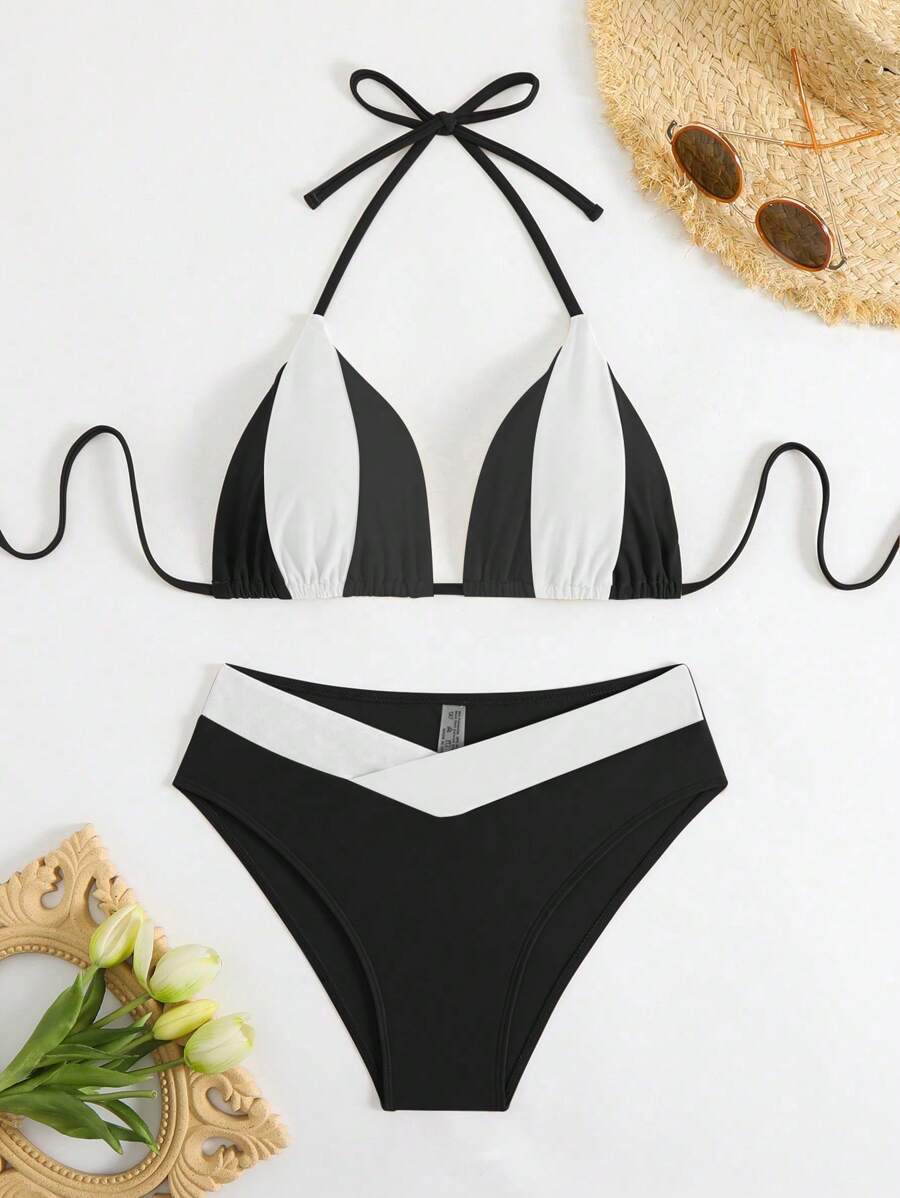 Swim Chiccia Kadın Yaz Yeni Çok Renkli Patchwork Halter Bağcıklı Bikini Takımı