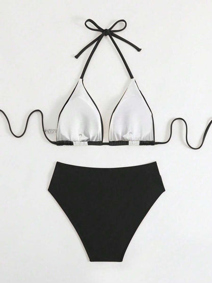 Swim Chiccia Kadın Yaz Yeni Çok Renkli Patchwork Halter Bağcıklı Bikini Takımı