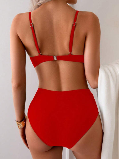 Düz Renk Seksi Zarif İnce Askılı Yüksek Bel Bikini