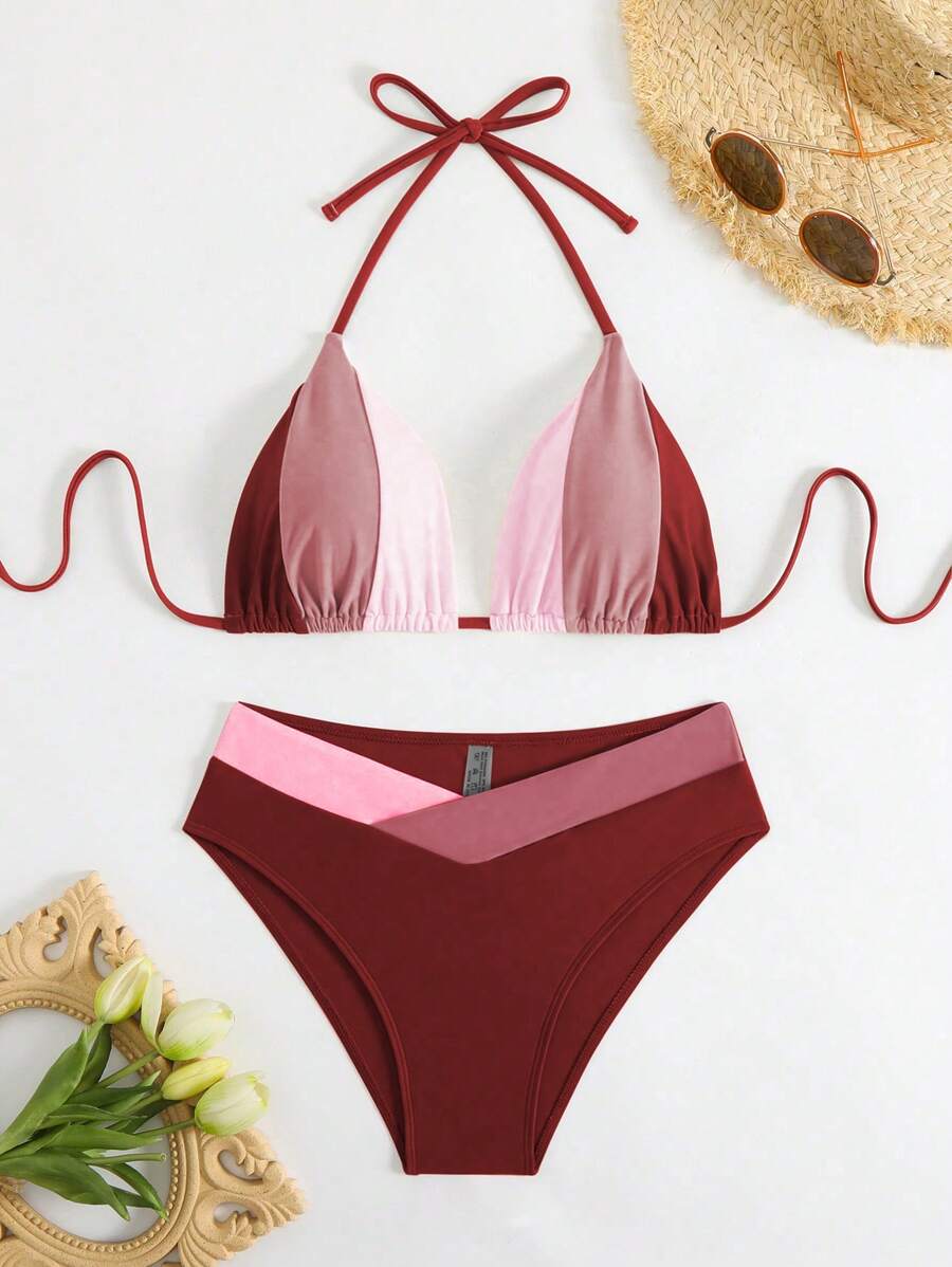 Swim Chiccia Kadın Yaz Yeni Çok Renkli Patchwork Halter Bağcıklı Bikini Takımı