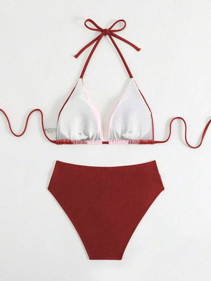 Swim Chiccia Kadın Yaz Yeni Çok Renkli Patchwork Halter Bağcıklı Bikini Takımı